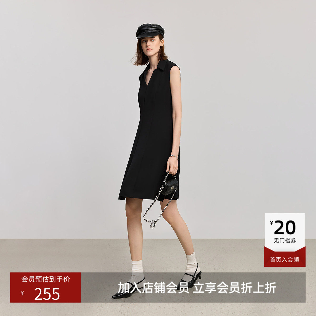 小黑裙LILY夏新款女装复古经典简约POLO领无袖收腰黑色连衣裙