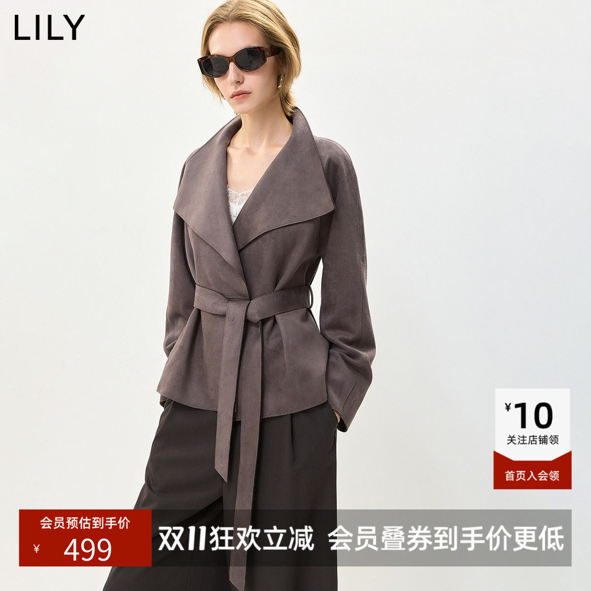 LILY2026秋新款女装复古大翻领休闲通勤腰带收腰深色长袖风衣外套