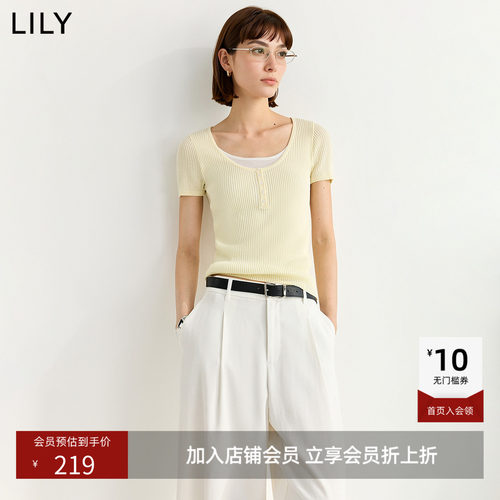 ~LILY2026夏新款莱赛尔亚麻混纺含醋酸假两件修身短袖针织衫女