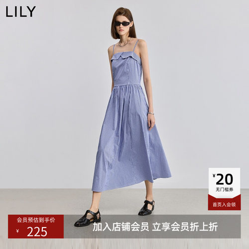 LILY2025夏新款女装设计感度假风格纹褶皱收腰吊带裙连衣裙长裙