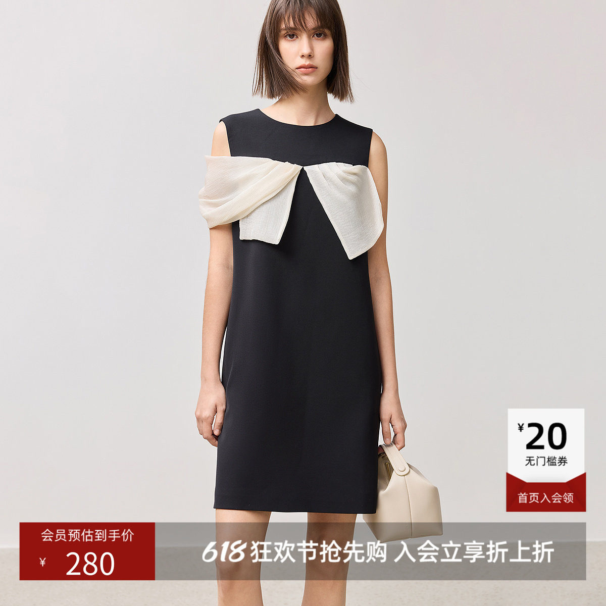 【LILY时光小黑裙】商场同款春新款女装撞色无袖直筒裙连衣裙