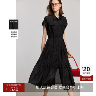 小黑裙LILY夏新款莫代尔醋酸混纺工装衬衫领连袖收腰连衣裙女