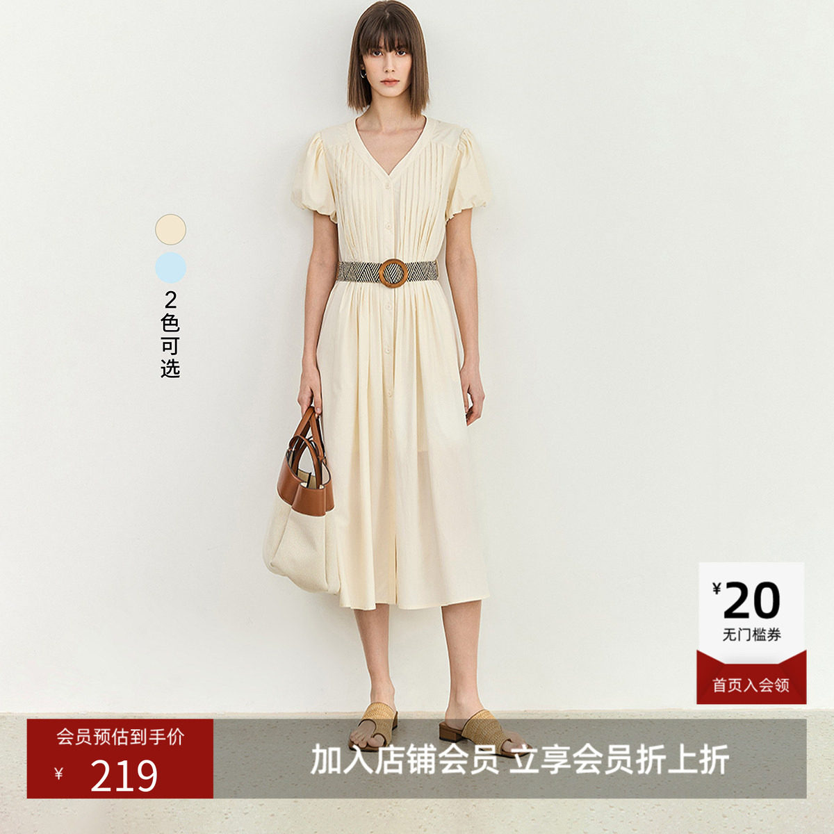 LILY夏款女装天丝复古浪漫泡泡袖设计感压褶气质V领连衣裙