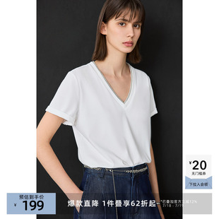 LILY2025春新款 T恤 女装 简约假两件V领正肩宽松休闲百搭白色短袖