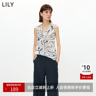 ~LILY2026夏新款莱赛尔混纺复古荡领印花斜裁无袖背心套头雪纺衫