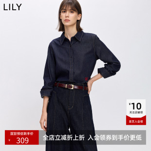 LILY2026秋新款复古翻领宽松休闲百搭通勤深色长袖牛仔衬衫外套女