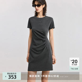 LILY2025夏新款 T恤連衣裙女 格雷系極簡風不對稱褶皺收腰休閑短袖