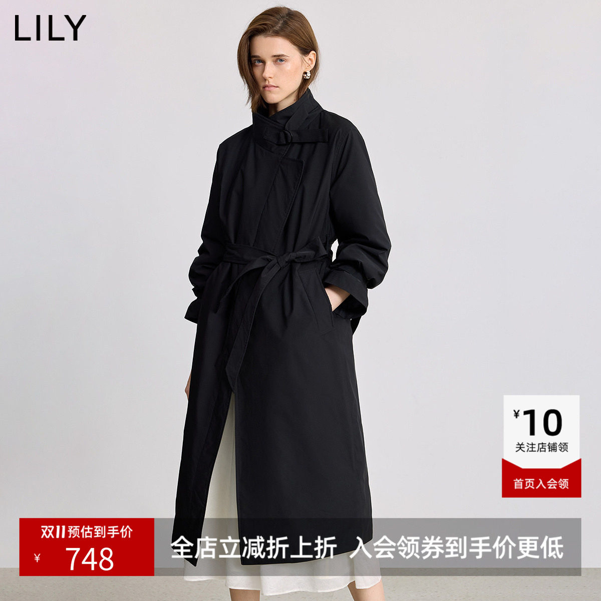LILY新款简约立领90鸭绒宽松休闲通勤黑色羽绒服长款外套女