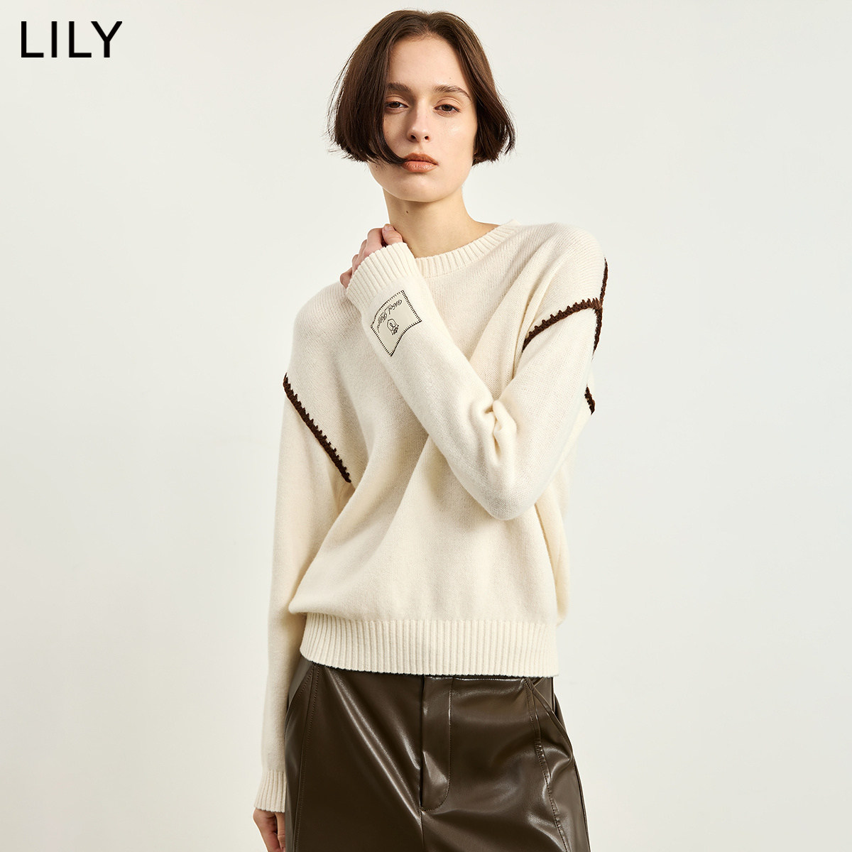 100%羊毛LILY2026冬新款女装撞色立体线条宽松通勤圆领长袖针织衫