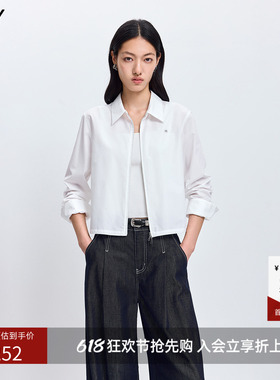 LILY2026春新款简约翻领拉链正肩休闲通勤白色长袖衬衫外套女短款