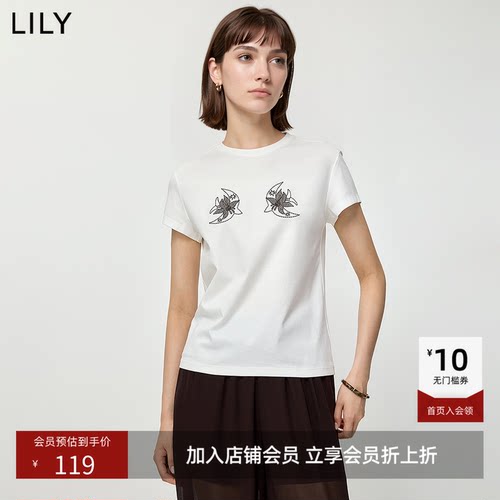 LILY2026夏新款女装波西米亚风简约复古飞燕绣花正肩通勤短袖T恤
