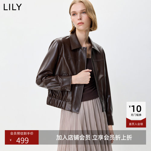 LILY2026秋新款复古翻领宽松休闲通勤百搭深色长袖夹克外套女短款