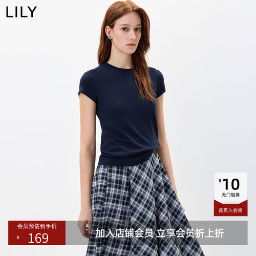 LILY2026秋新款女装莱赛尔羊毛混纺简约休闲通勤百搭纯色短袖T恤