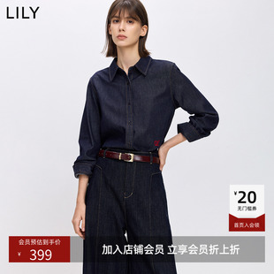 LILY2026秋新款复古翻领宽松休闲百搭通勤深色长袖牛仔衬衫外套女