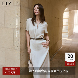 LILY夏新款女装简约气质工装风拉链翻领收腰短袖米色连衣裙