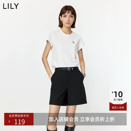 LILY2026夏新款莫代尔棉混纺简约正肩休闲通勤白色短袖T恤女上衣