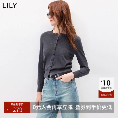 LILY2026秋新款女装含羊毛简约圆领休闲通勤细闪刺绣针织开衫外套