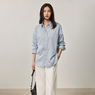 翻领宽松衬衣上衣女 LILY奥莱秋款 女装 简约竖条纹垂坠感长袖 衬衫