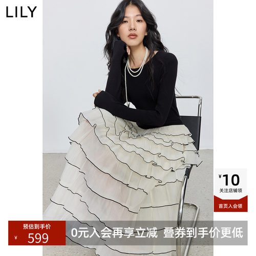 LILY2026秋新款含莱赛尔法式高腰垂感网纱连衣裙气质通勤蛋糕裙女