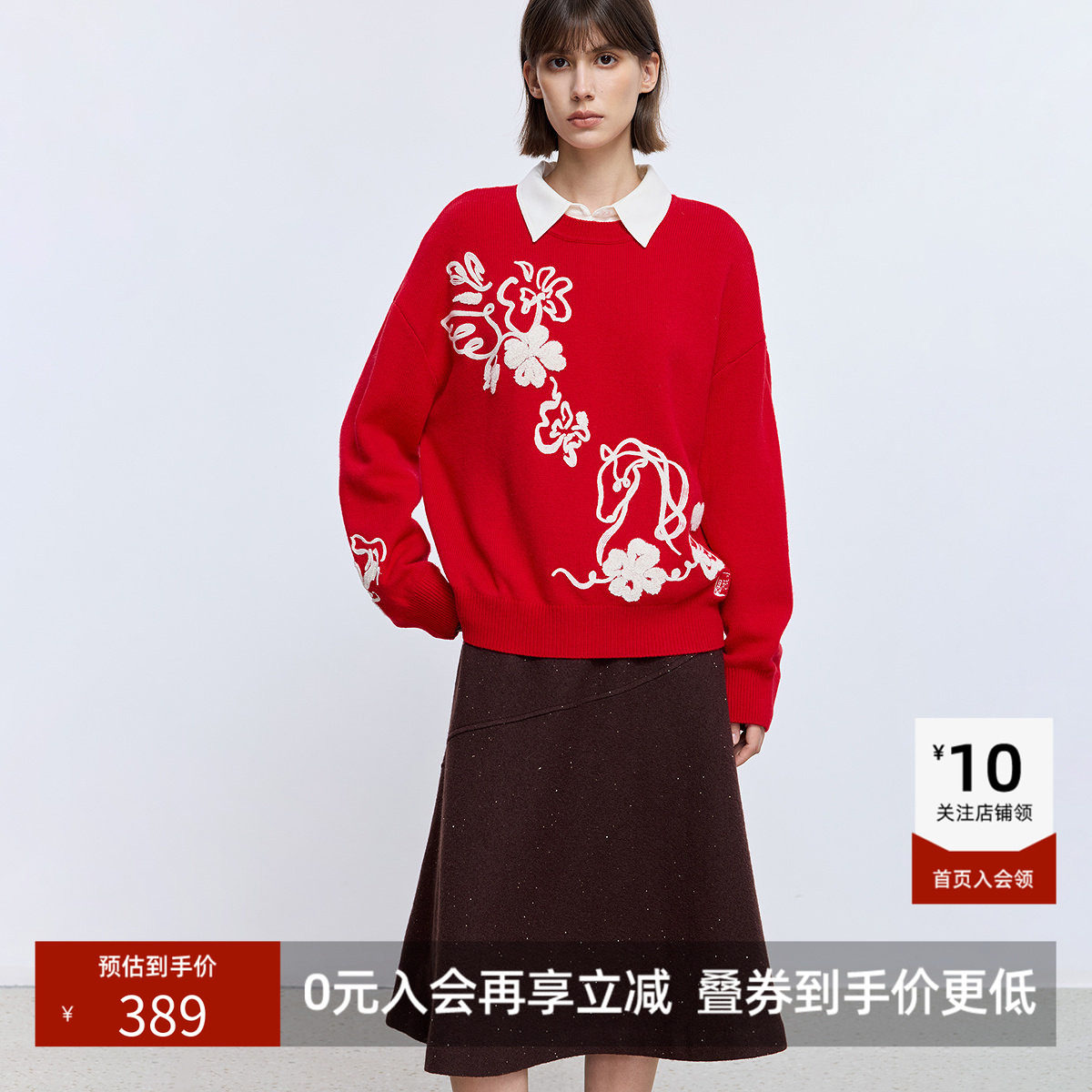 LILY新款含羊毛盘带绣花宽松百搭通勤加厚套头针织衫毛衣女