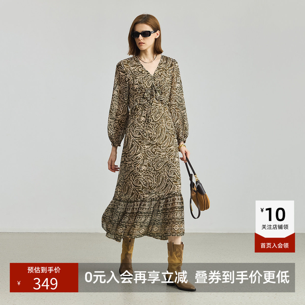 【商场同款】LILY新款复古卷草纹V领收腰长袖雪纺连衣裙女
