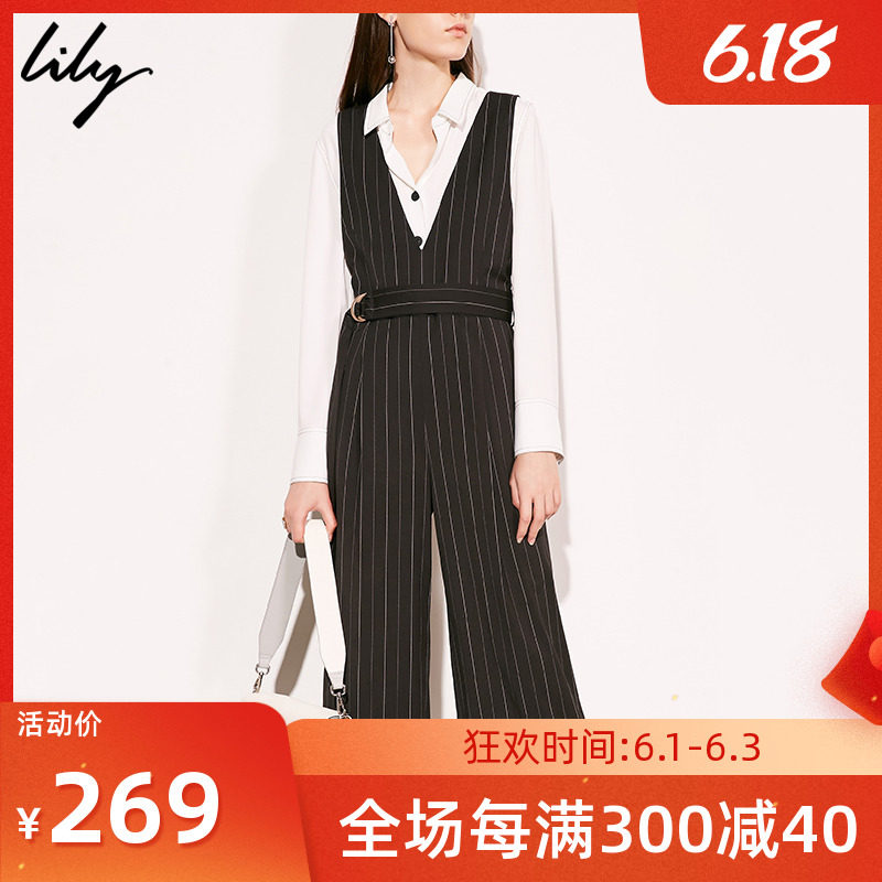 Lily女装商务帅气大V黑色条纹八分背带裤休闲裤