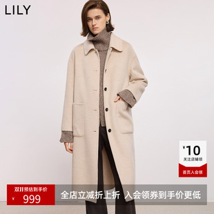 羊毛LILY新款简约翻领宽松通勤浅色毛呢大衣外套女长款