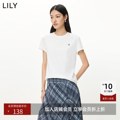 LILY2026夏新款女装简约正肩纯色百搭通勤圆领套头短袖T恤女上衣