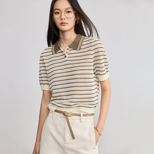 LILY2025春新款 女 植物系条纹宽松休闲通勤百搭短袖 POLO领针织衫