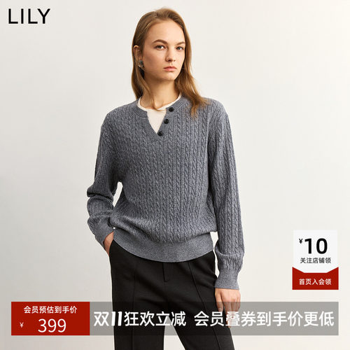 100%羊毛LILY2026冬新款女装格雷系假两件绞花休闲通勤套头针织衫