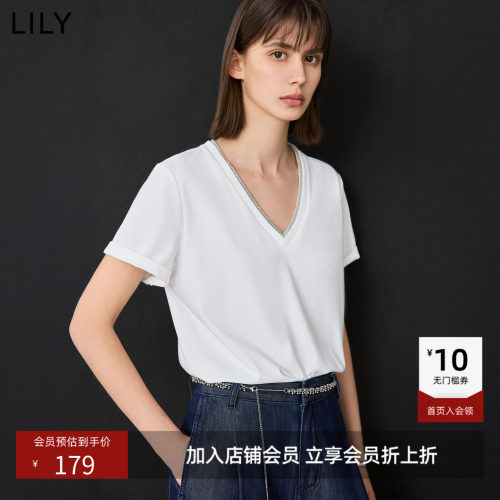 LILY2026夏新款简约假两件V领正肩宽松休闲通勤白色短袖T恤女上衣