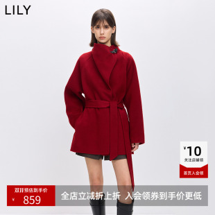 【商场同款】LILY冬新款含羊毛骆驼绒大红色毛呢外套女中长款
