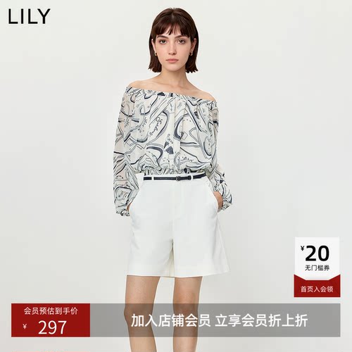 LILY2026夏新款度假风松弛感撞色印花一字肩气质通勤休闲雪纺衫女