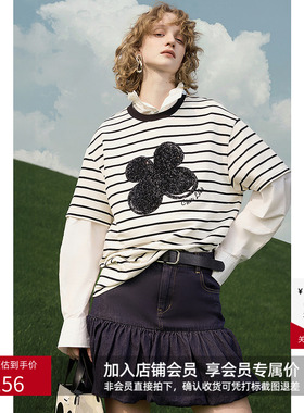 【幸运花TEE】LILY春新款女装FAKEROOM合作系列珠片条纹T恤女