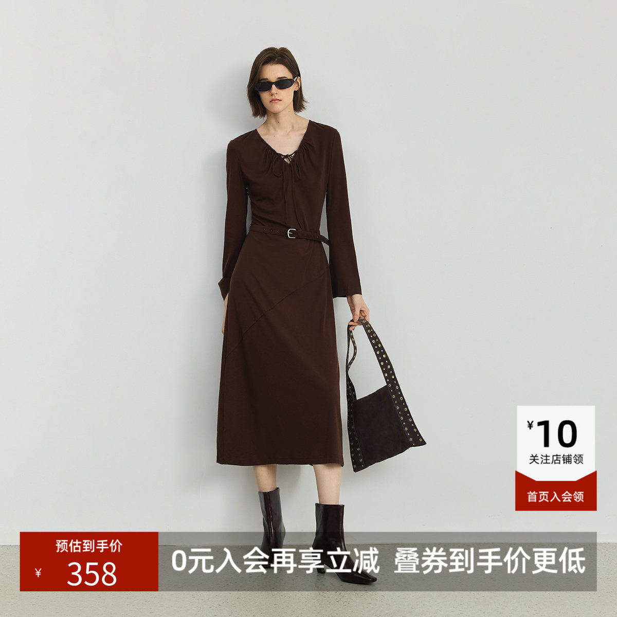 LILY新款复古气质休闲通勤薄款咖啡色长袖连衣裙女