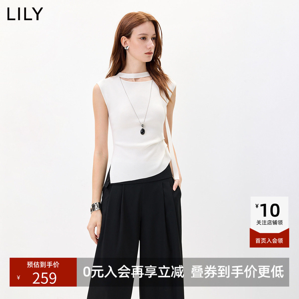 LILY2026秋新款莱赛尔醋酸混纺复古飘带修身通勤无袖针织衫背心女