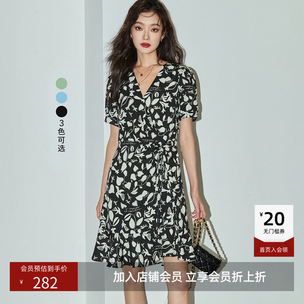 LILY夏款女装复古泡泡袖浪漫抽绳印花中长款连衣裙小个子女