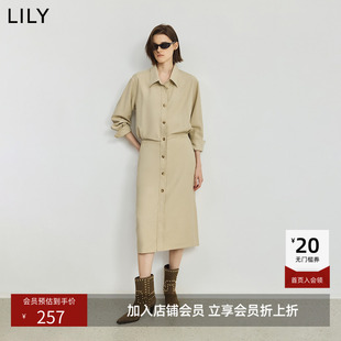 LILY新款含亚麻工装收腰休闲通勤直筒衬衫裙卡其色连衣裙女