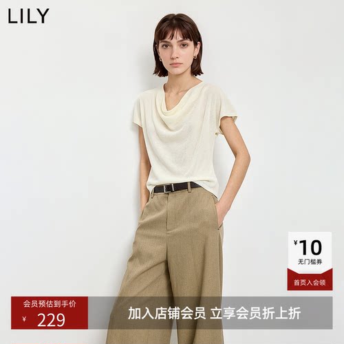 ~LILY2026夏新款女装莱赛尔亚麻老钱风荡领休闲通勤短袖针织衫