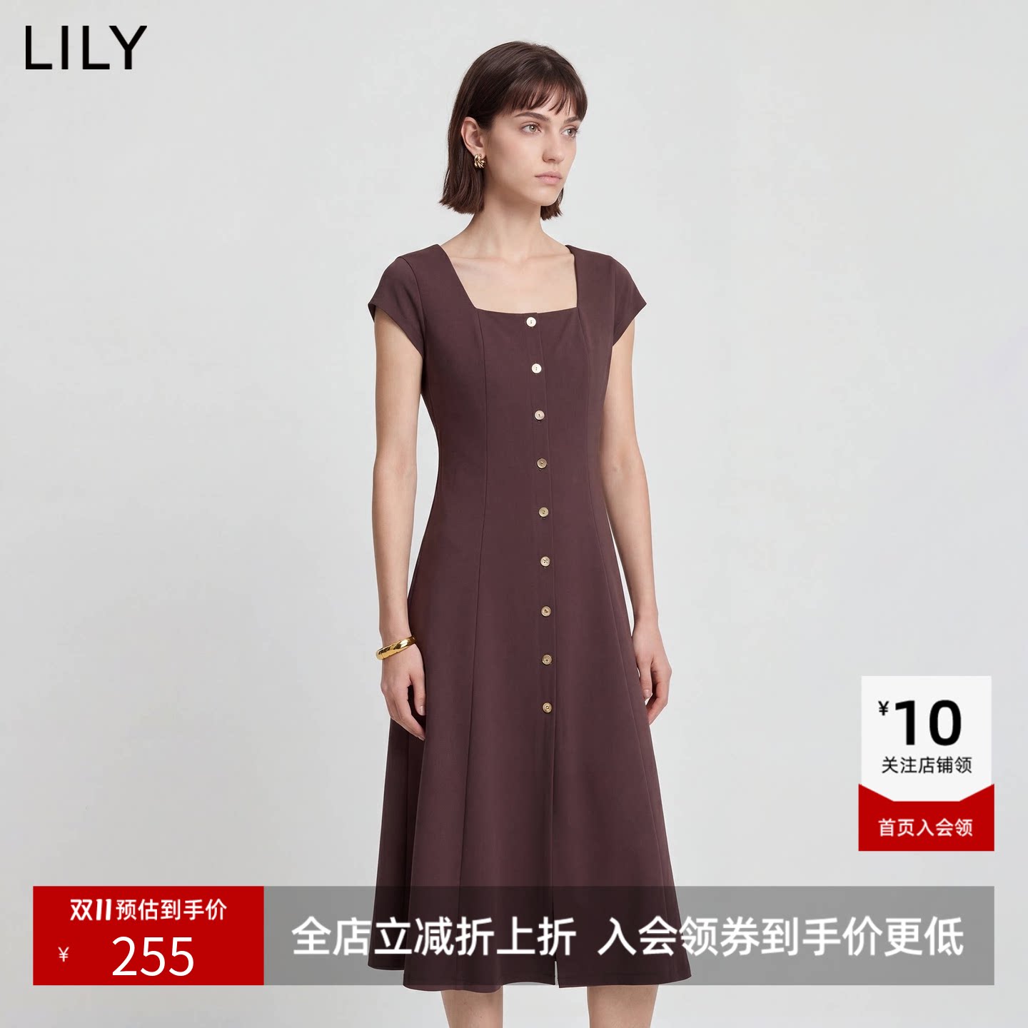 LILY2026夏新款复古大方领法式休闲气质通勤收腰短袖T恤连衣裙女