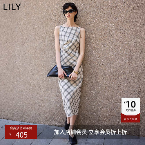 LILY2026夏新款法式格纹纯棉捏褶收腰气质通勤无袖连衣裙直筒裙女