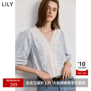 LILY2026秋新款女装法式条纹蕾丝雪纺衫通勤V领短袖泡泡袖套头衫