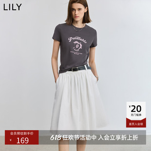 LILY夏新款女装格雷系撞色桃子字母印花图案修身圆领短袖T恤