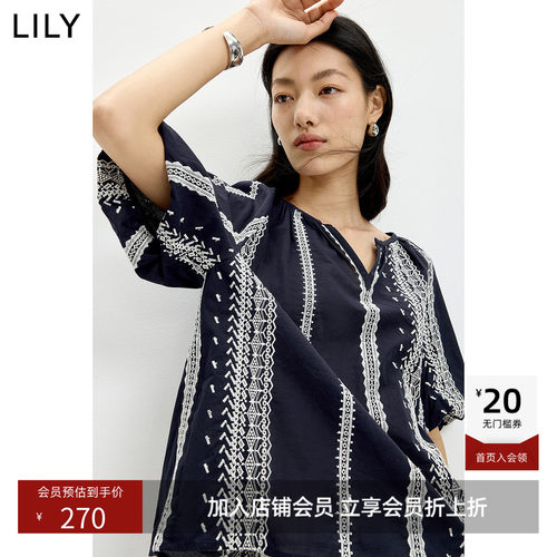 LILY2026夏新款纯棉法式镂空绣花宽松休闲灯笼袖短袖套头蕾丝衫女