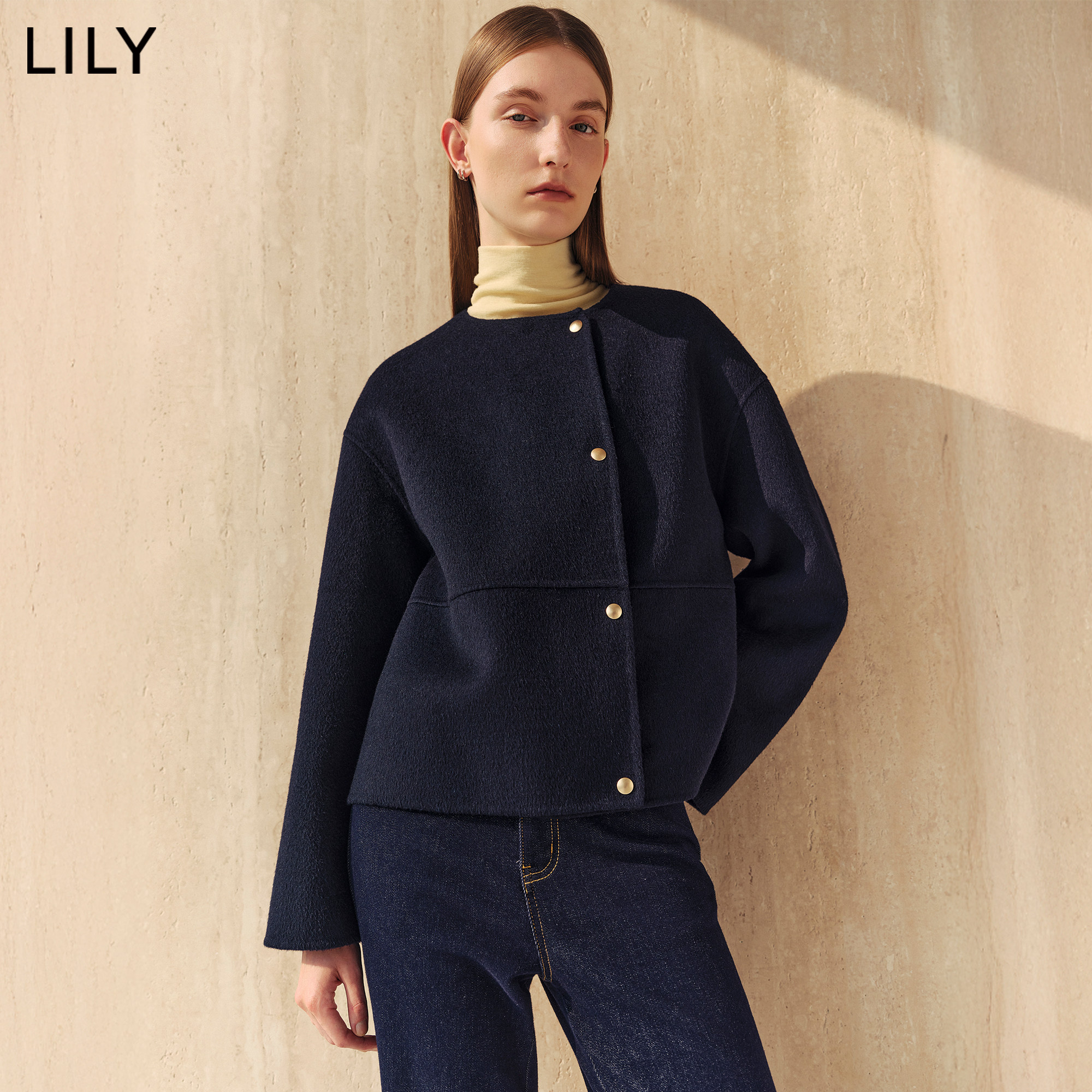 LILY2026冬新款女装羊毛混纺宽松廓形休闲通勤双面呢毛呢外套短款