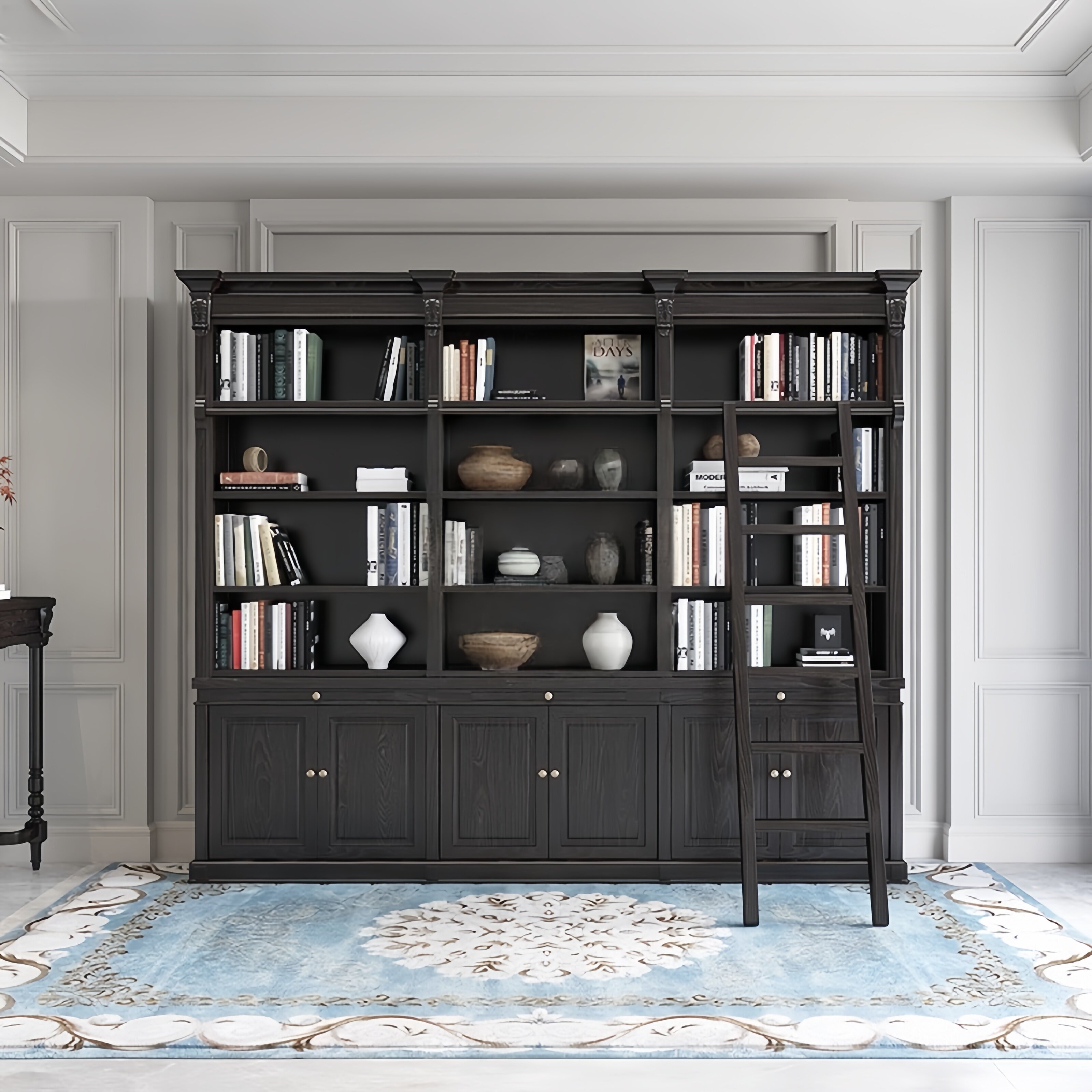 美式复古实木书柜法式中古客厅储物柜家用门厅装饰柜书房黑色书架