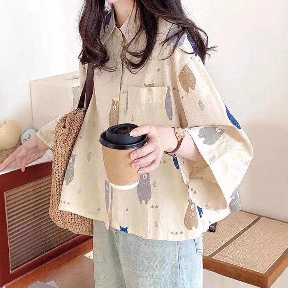 短袖POLO领衬衫女夏季休闲宽松日系原宿风短款卡通小个子上衣潮