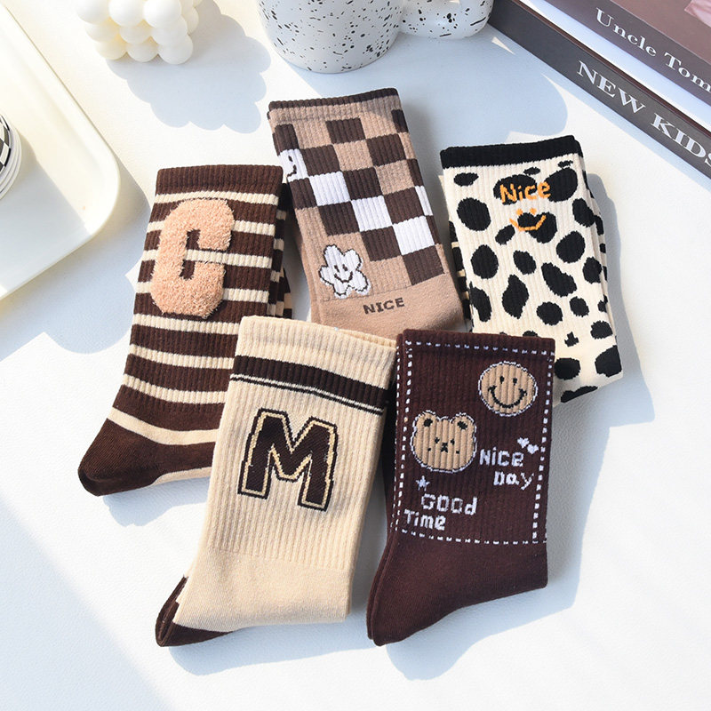 秋冬袜子女纯棉复古咖色