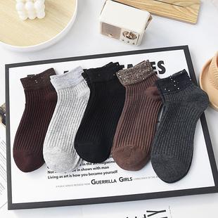春秋款 亮片纯色袜子女短袜浅口低帮高端复古纯棉外穿ins潮饰品袜