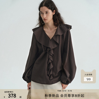 RUISHI芮时“定格瞬间”立体裁剪不规则荷叶边领灯笼袖格纹衬衫女